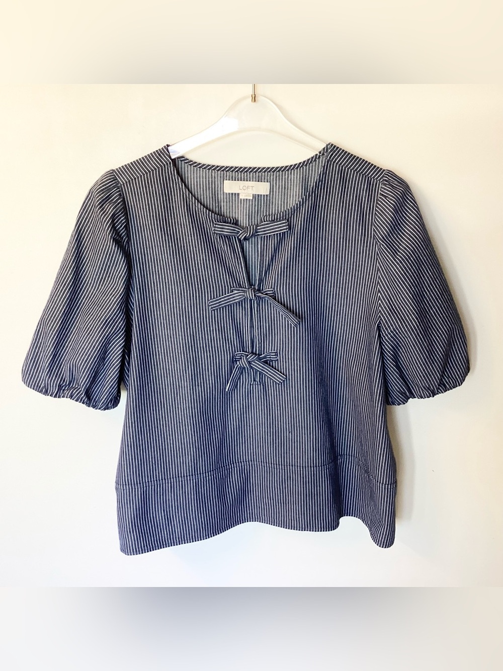 Loft Short Puff Sleeve Bow Tie Front Railroad Stripe Top - Blue - L